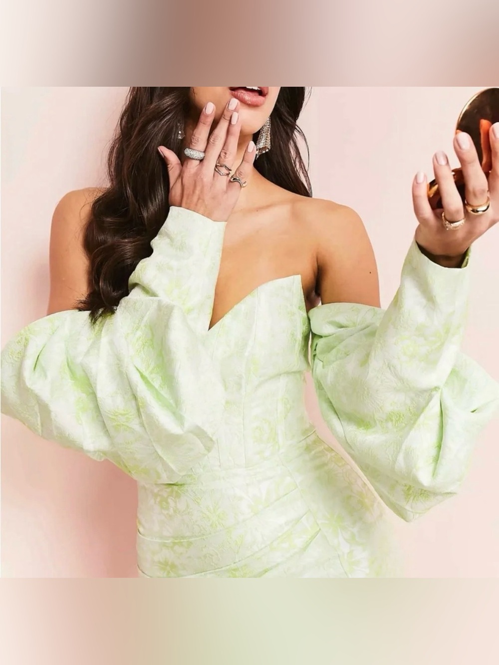 ASOS Luxe Strapless Sweetheart Puff-Sleeve Dress in Pale Green Jacquard